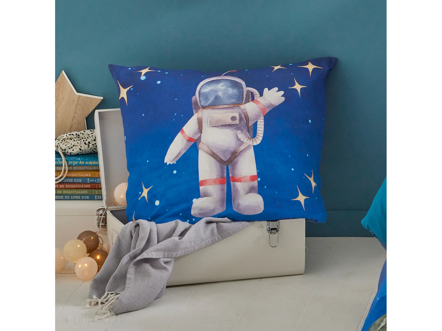 Parure de lit 2 pièces : housse 140x200 cm et taie 65x65 cm en percale de coton THOMAS bleu