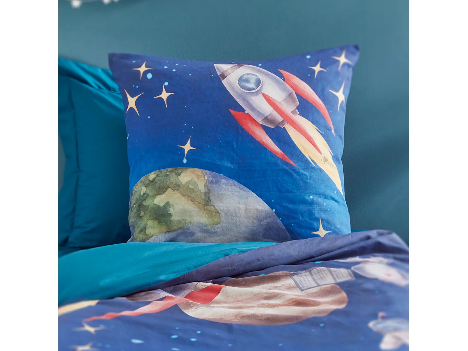 Parure de lit 2 pièces : housse 140x200 cm et taie 65x65 cm en percale de coton THOMAS bleu