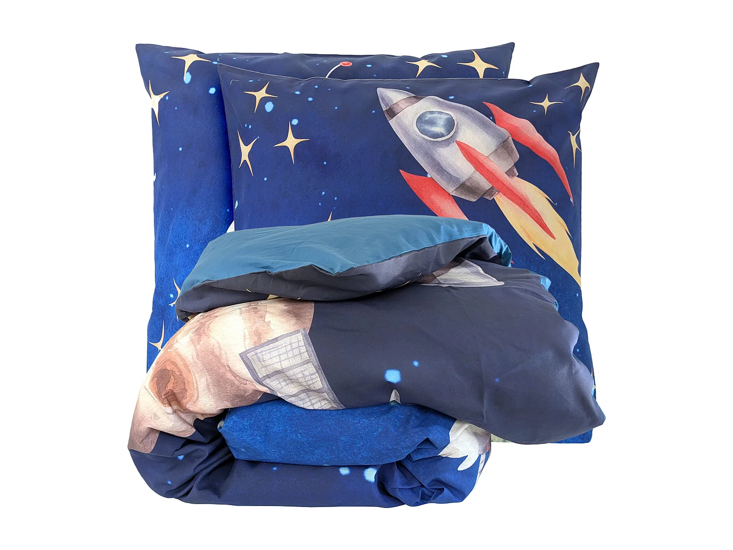 Parure de lit 2 pièces : housse 140x200 cm et taie 65x65 cm en percale de coton THOMAS bleu