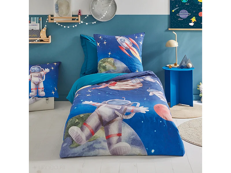 Parure de lit 2 pièces : housse 140x200 cm et taie 65x65 cm en percale de coton THOMAS bleu