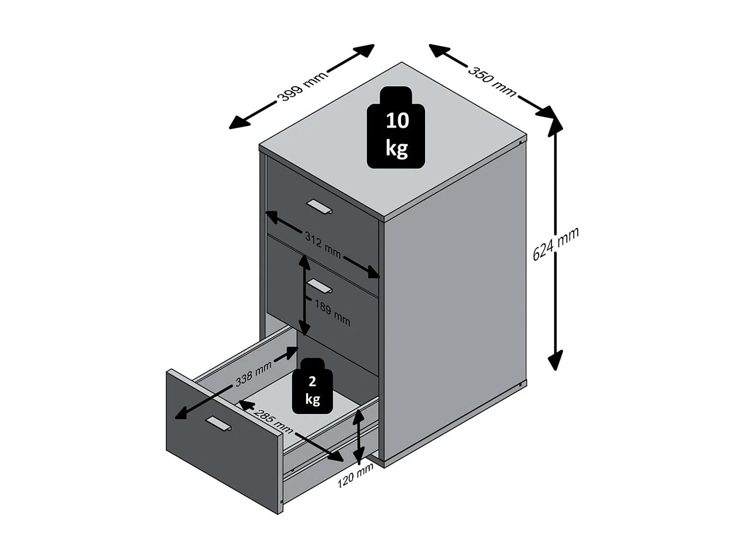 Table de Chevet 3 Tiroirs Design "Gania" 62cm Noir