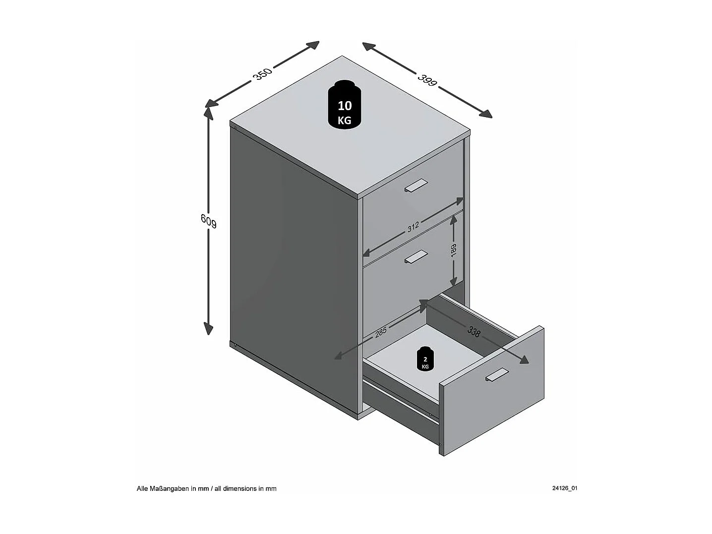 Table d'Appoint 3 Tiroirs Design "Gania" 62cm Blanc Laqué