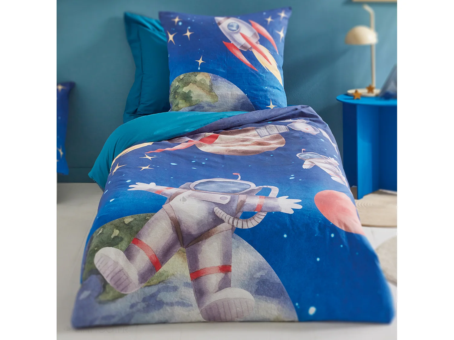 Taie d'oreiller 65x65 cm en percale de coton THOMAS bleu