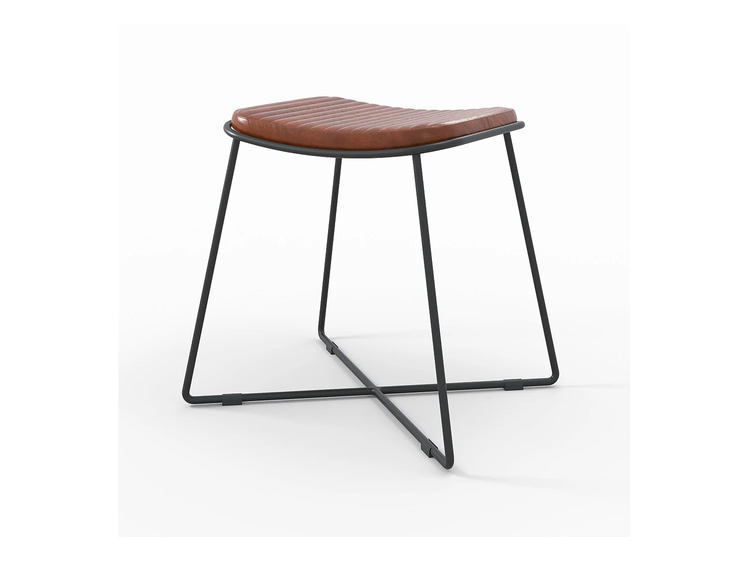 Tabouret en cuir marron et pieds en métal noir - Germain