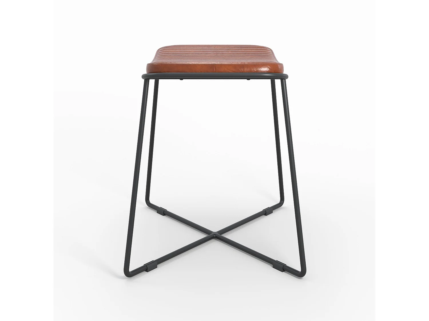 Tabouret en cuir marron et pieds en métal noir - Germain