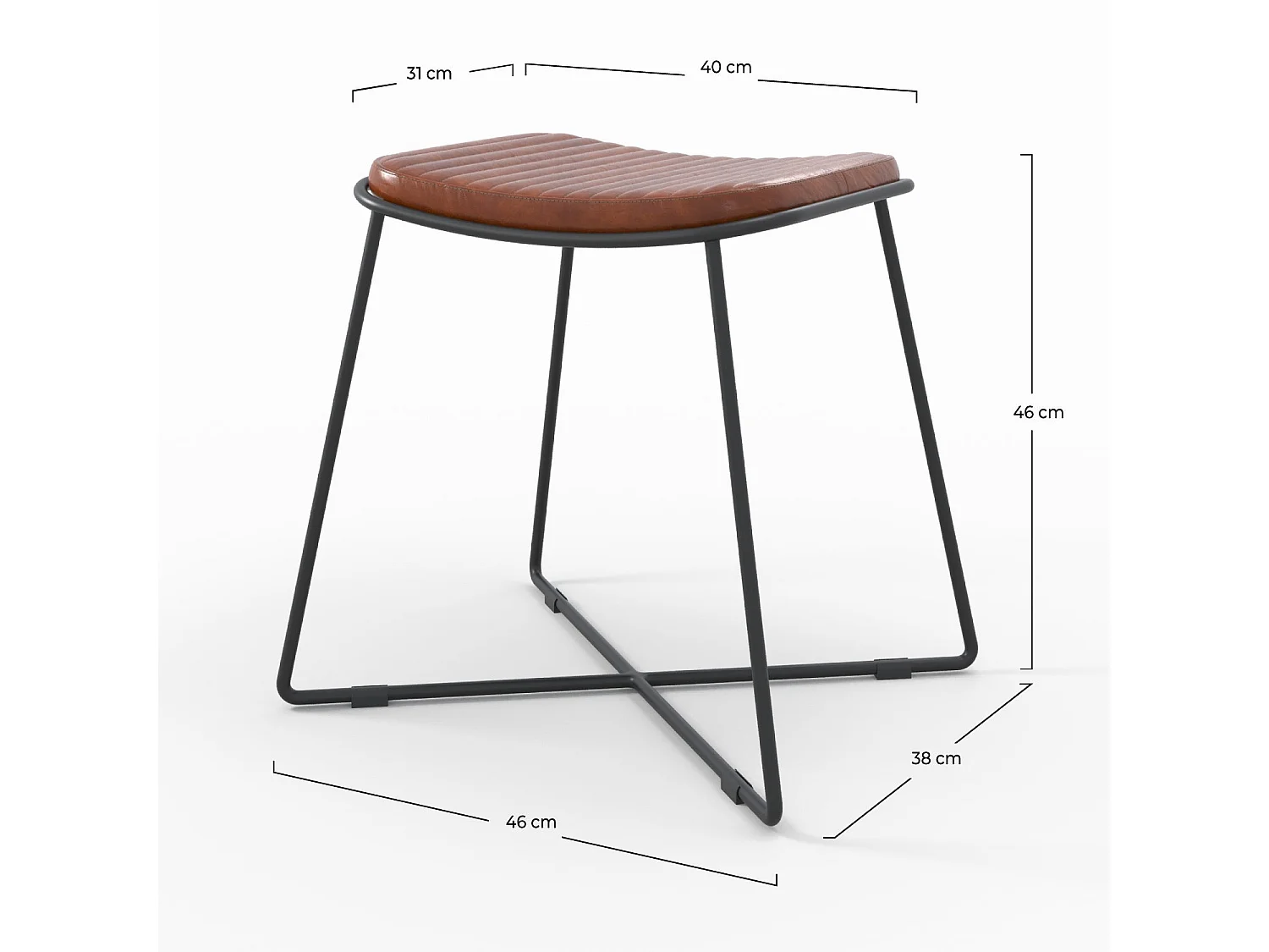 Sgabello in pelle marrone con gambe in metallo nero - Germain