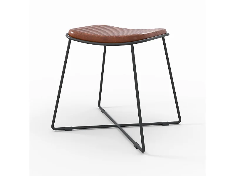 Tabouret en cuir marron et pieds en métal noir - Germain
