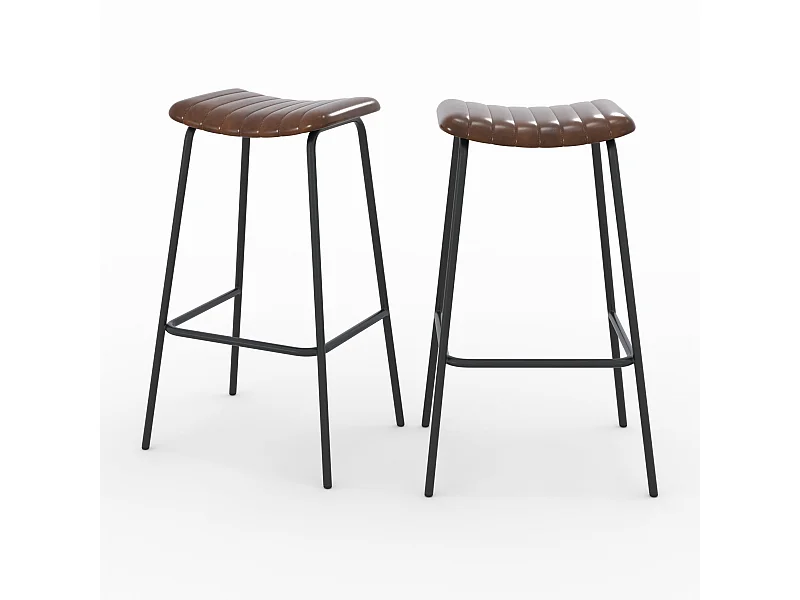 Lot de 2 tabourets de bar 77 cm en cuir marron et pieds en métal - Lupin