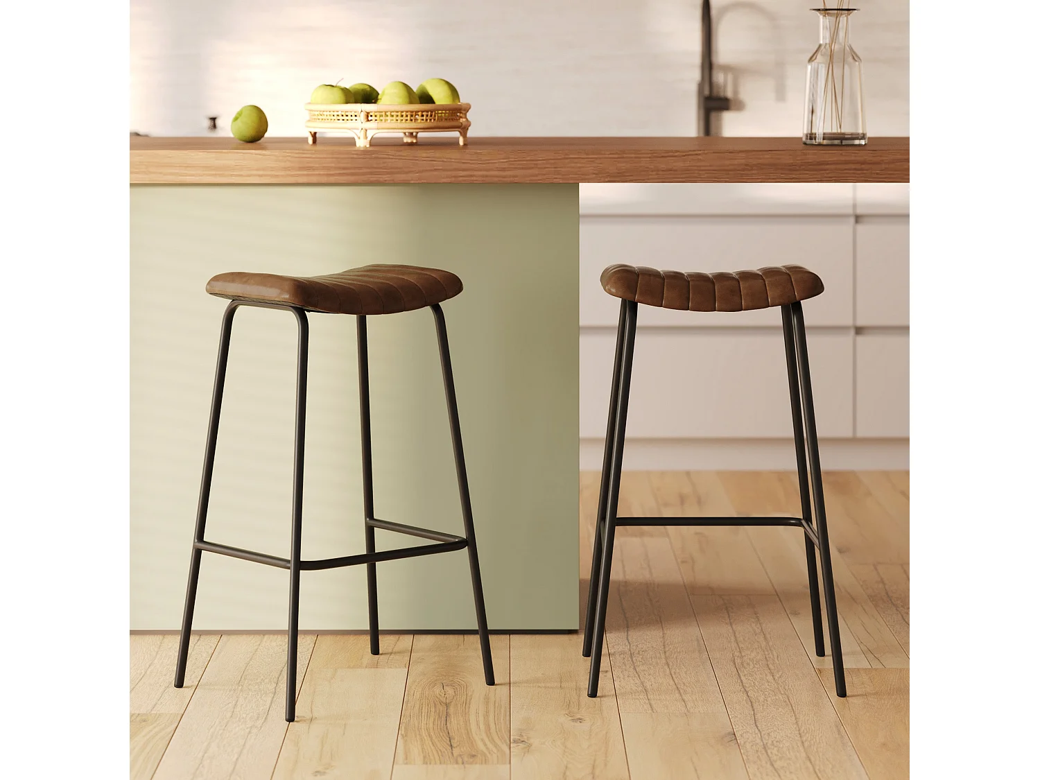 Lot de 2 tabourets de bar 77 cm en cuir marron et pieds en métal - Lupin