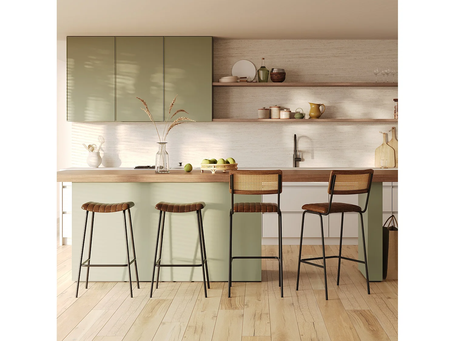 Lot de 2 tabourets de bar 77 cm en cuir marron et pieds en métal - Lupin