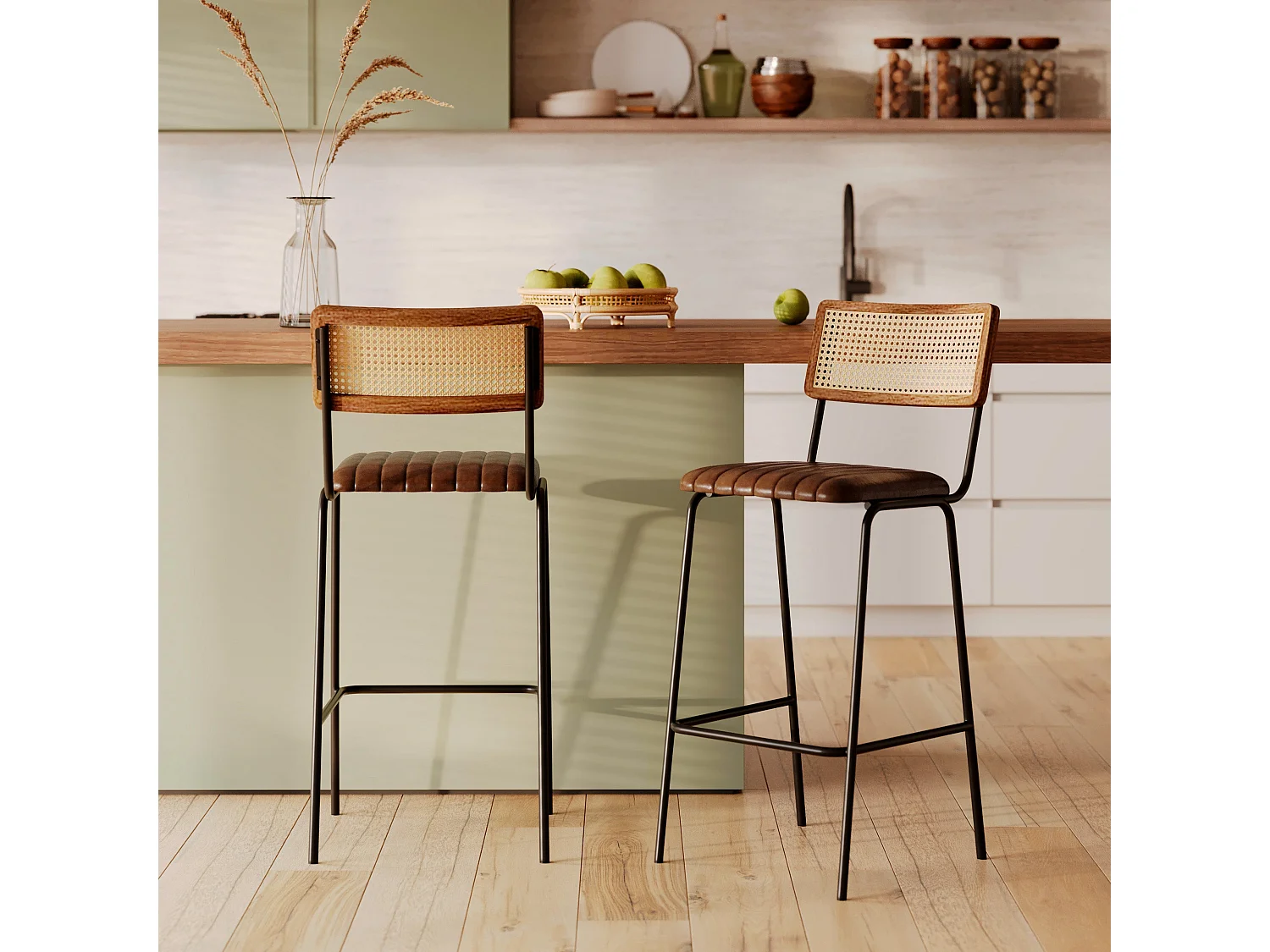 Set di 2 sedie da bar 76 cm in paglia di Vienna e pelle marrone - Arsène