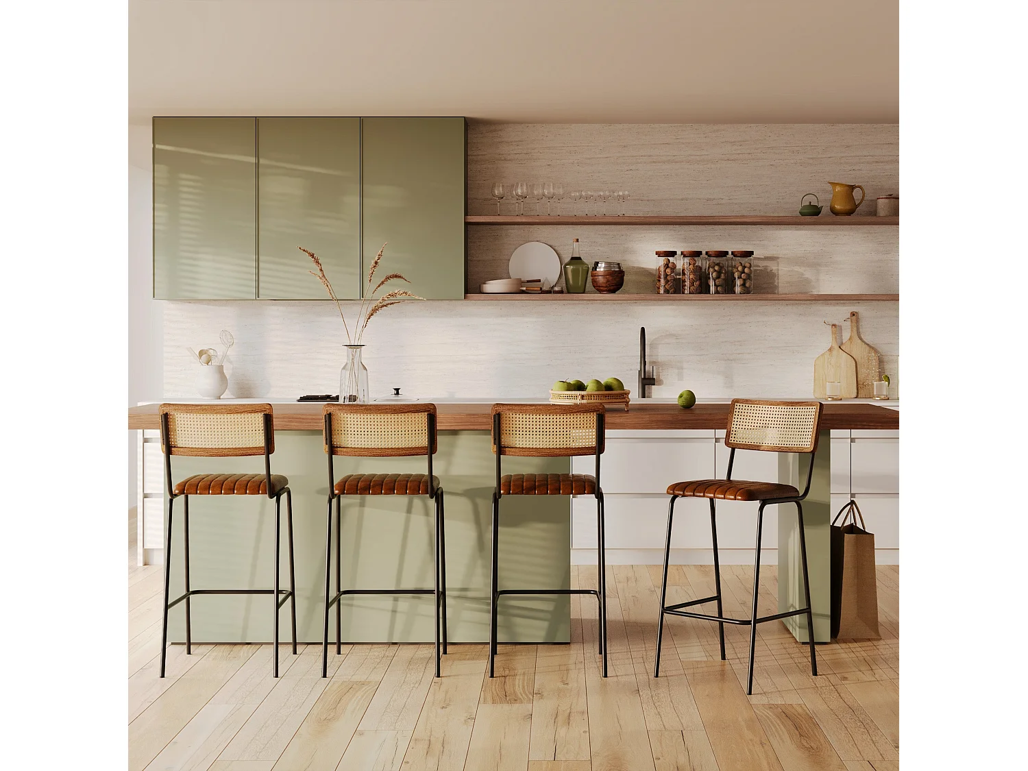 Set di 2 sedie da bar 76 cm in paglia di Vienna e pelle marrone - Arsène