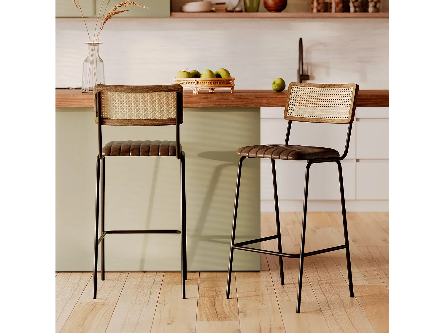 Lot de 2 chaises de bar 76 cm en cannage et cuir marron - Arsène