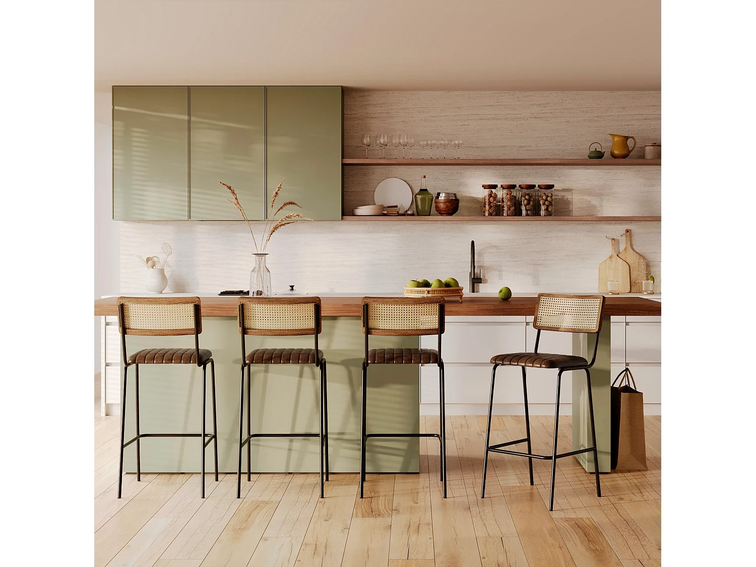 Lot de 2 chaises de bar 76 cm en cannage et cuir marron - Arsène