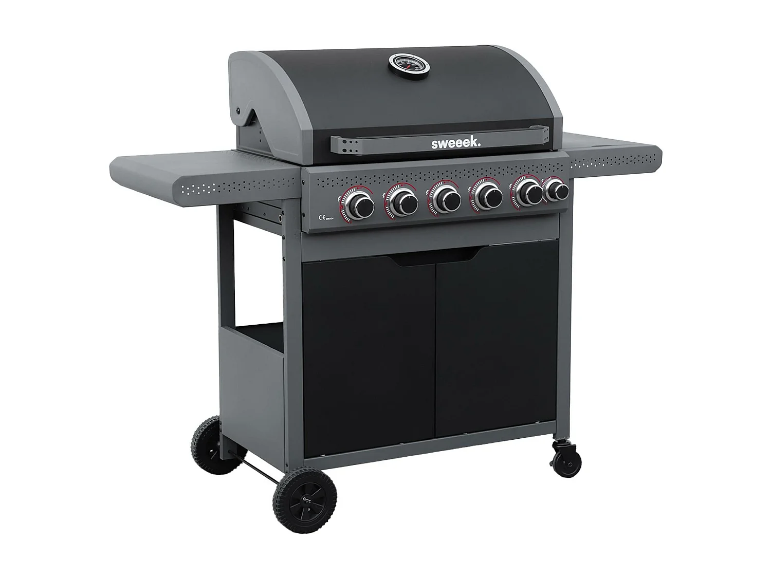 Barbecue au gaz Edmond noir - 5 brûleurs + 1 feu latéral. avec thermomètre. L 132x P62 x H143 cm