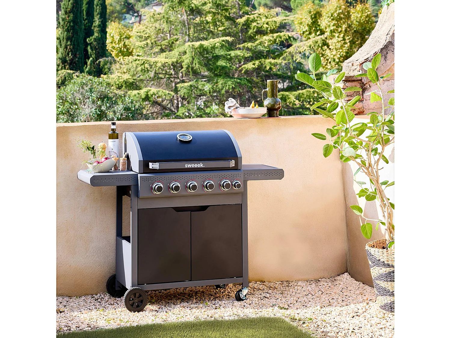 Barbecue au gaz Edmond noir - 5 brûleurs + 1 feu latéral. avec thermomètre. L 132x P62 x H143 cm