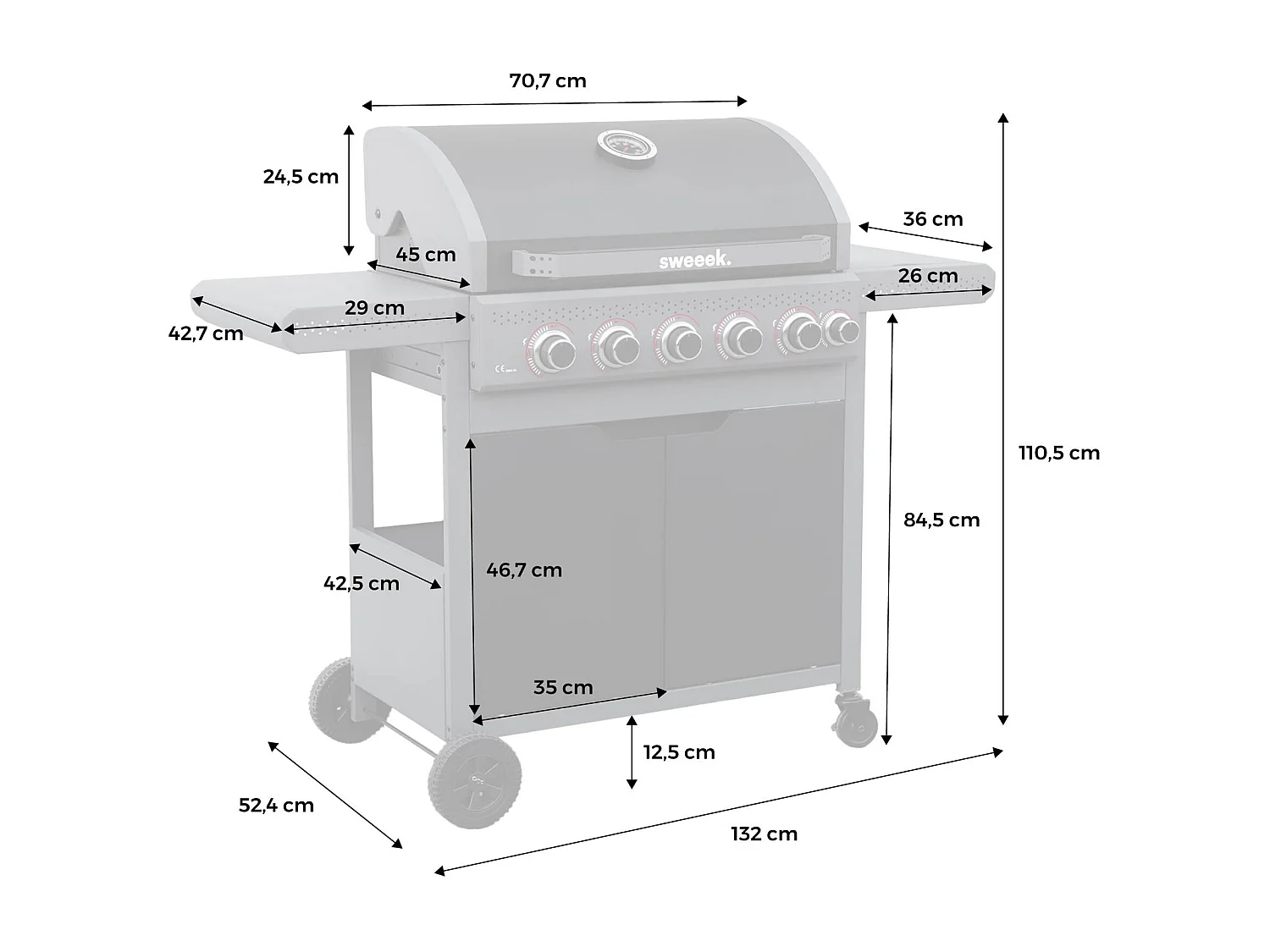 Barbecue au gaz Edmond noir - 5 brûleurs + 1 feu latéral. avec thermomètre. L 132x P62 x H143 cm