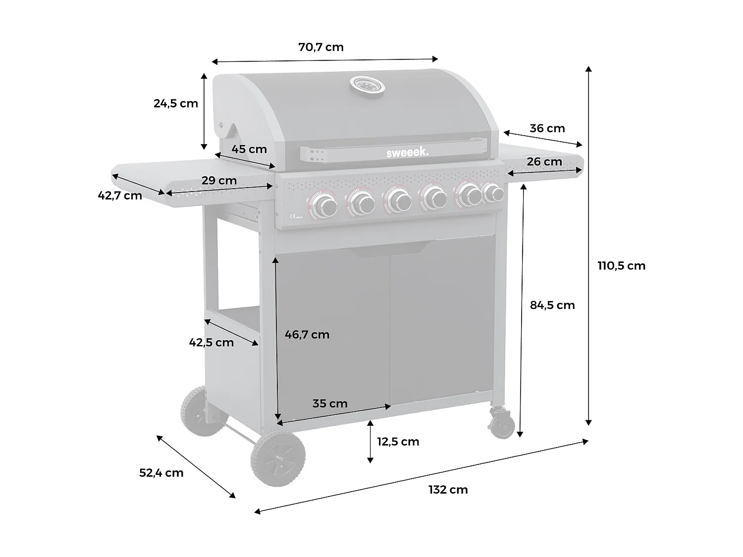 Barbecue au gaz Edmond noir - 5 brûleurs + 1 feu latéral. avec thermomètre. L 132x P62 x H143 cm