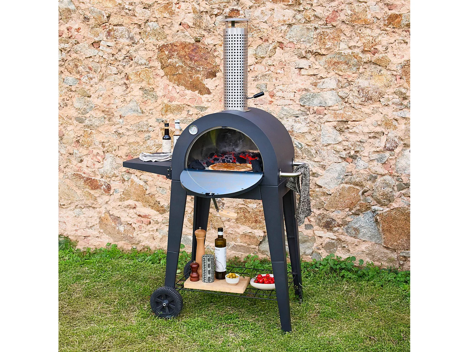 Forno per pizza da esterno con ripiano, nero