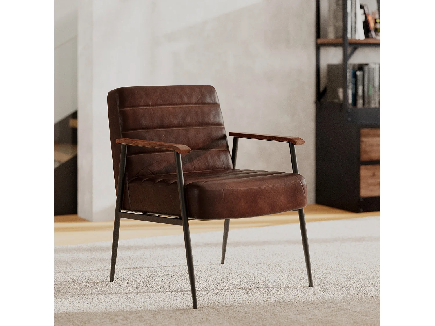 Sillón de cuero marrón y metal negro - Hugues