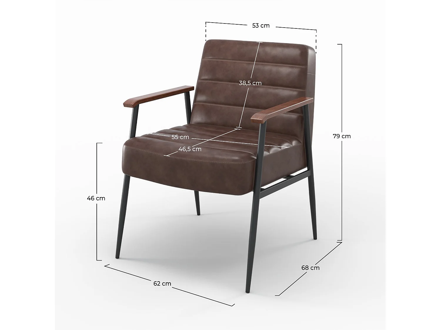 Sillón de cuero marrón y metal negro - Hugues