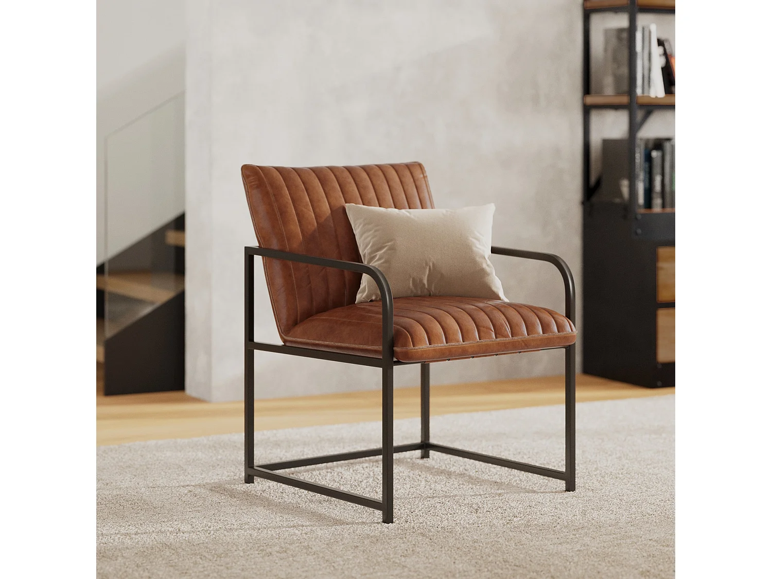 Fauteuil en cuir de buffle marron et métal noir - Armand