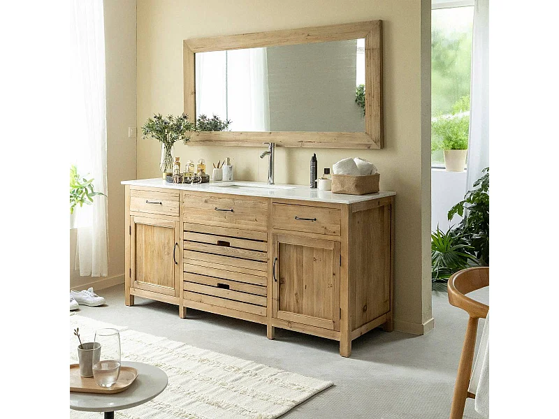 Meuble sous vasque en vieux pin et marbre blanc Nils