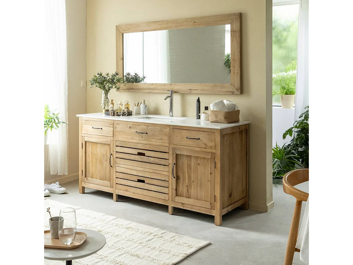 Meuble sous vasque en vieux pin et marbre blanc Nils