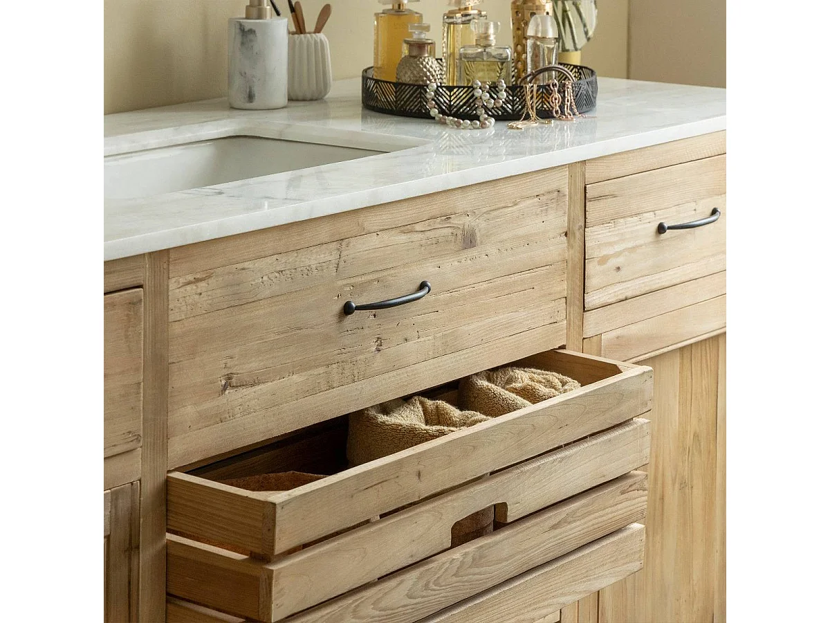 Meuble sous vasque en vieux pin et marbre blanc Nils