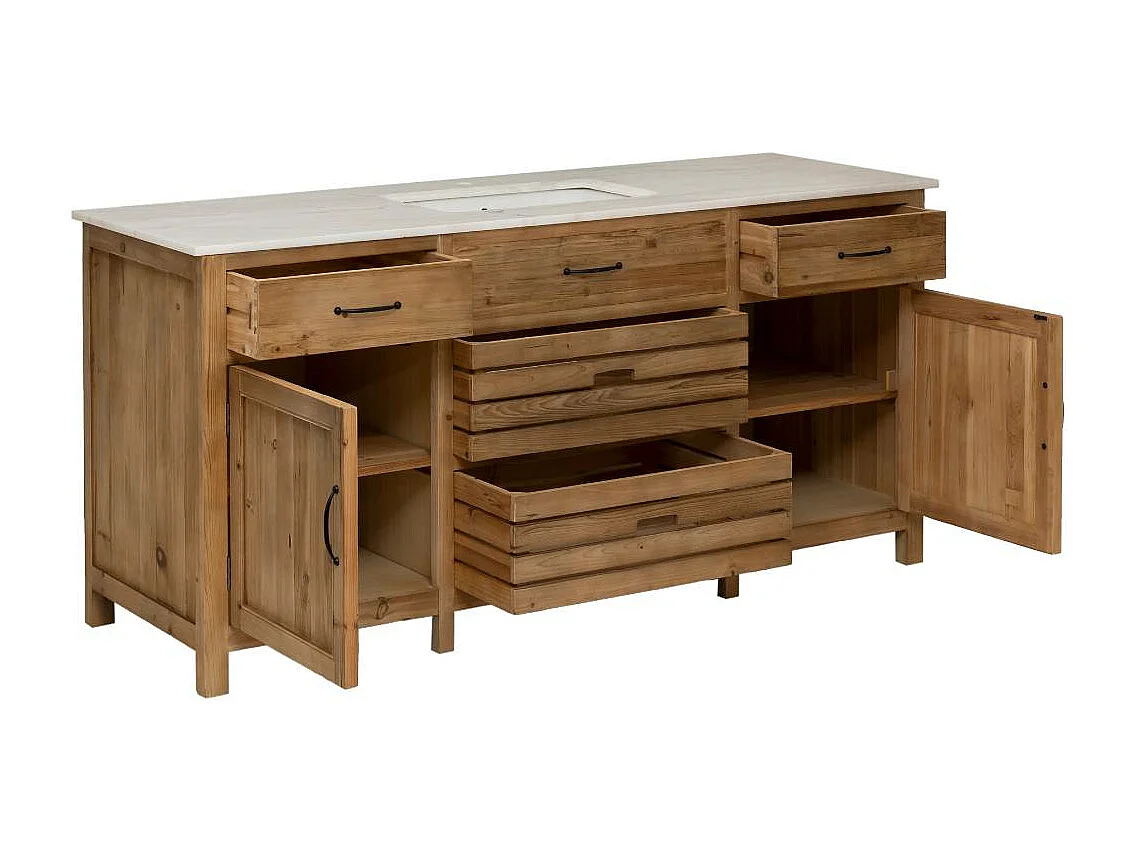 Meuble sous vasque en vieux pin et marbre blanc Nils