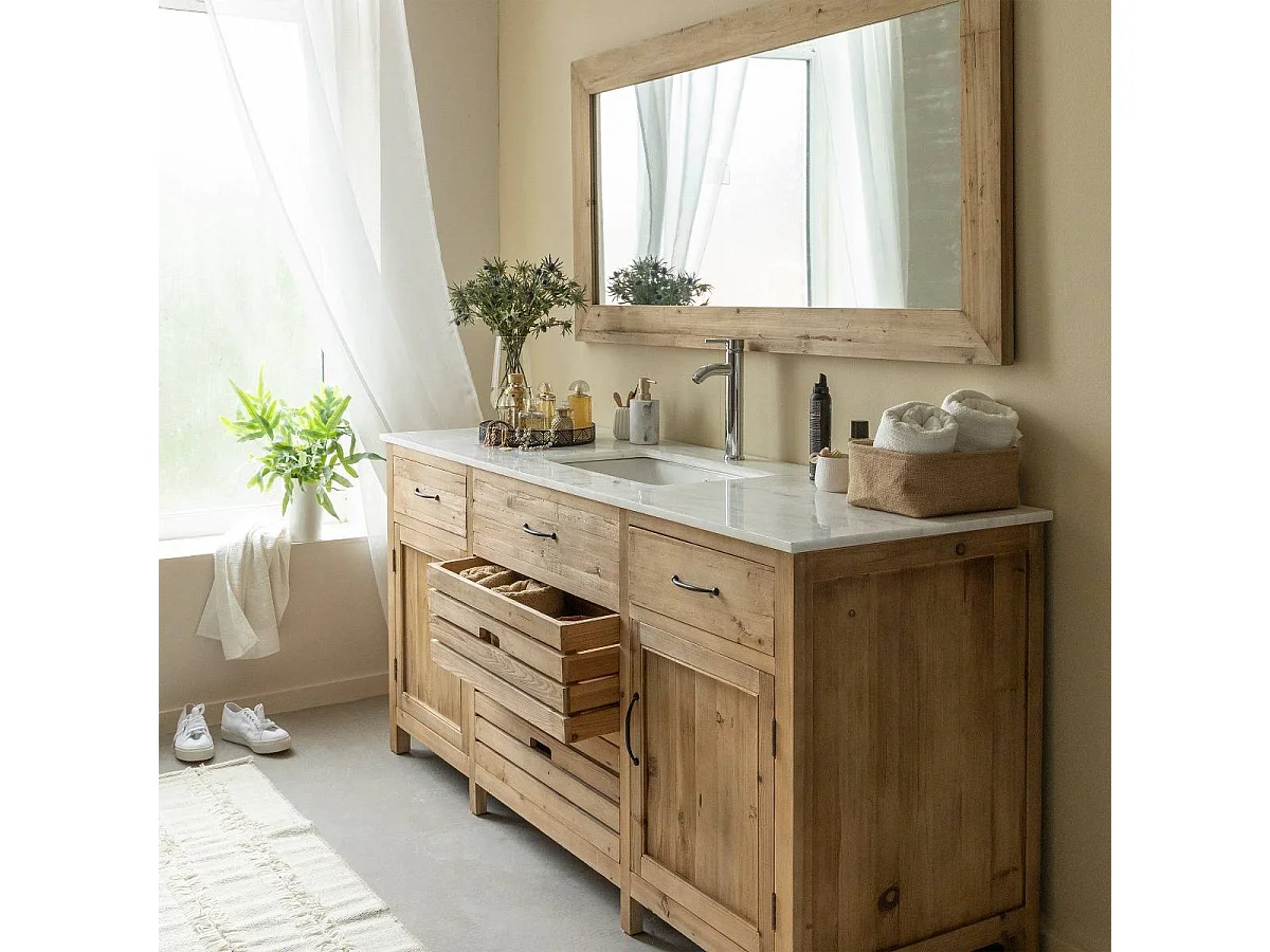 Meuble sous vasque en vieux pin et marbre blanc Nils