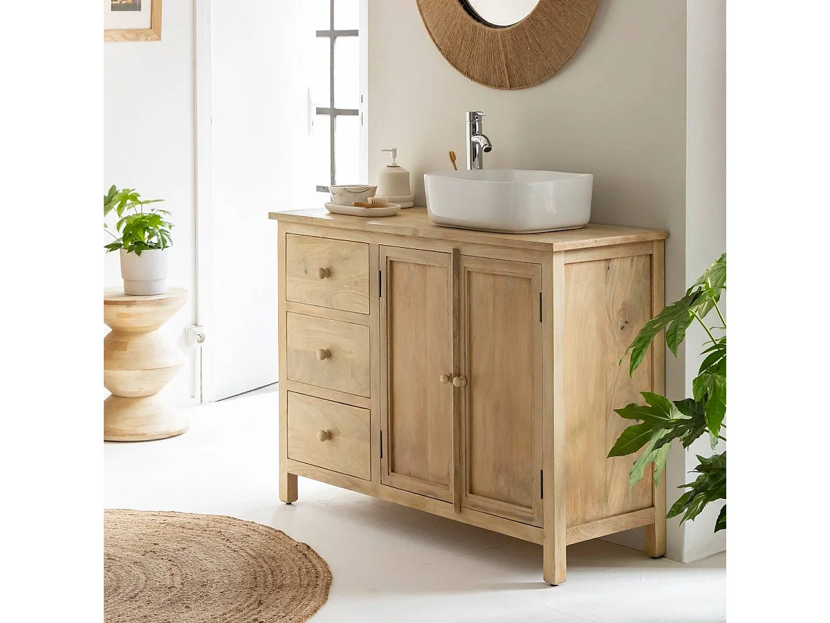 Meuble sous vasque en bois de manguier blanchi Ronan