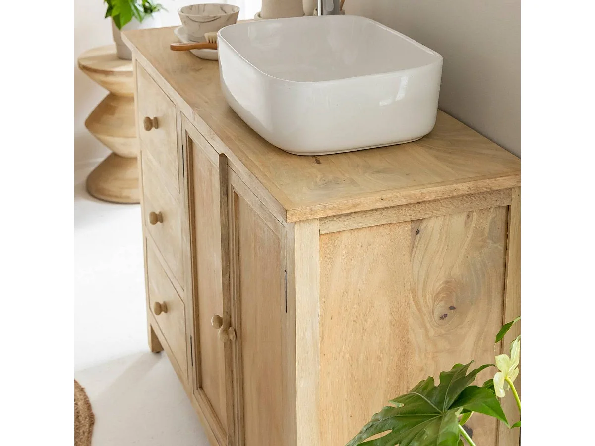 Meuble sous vasque en bois de manguier blanchi Ronan