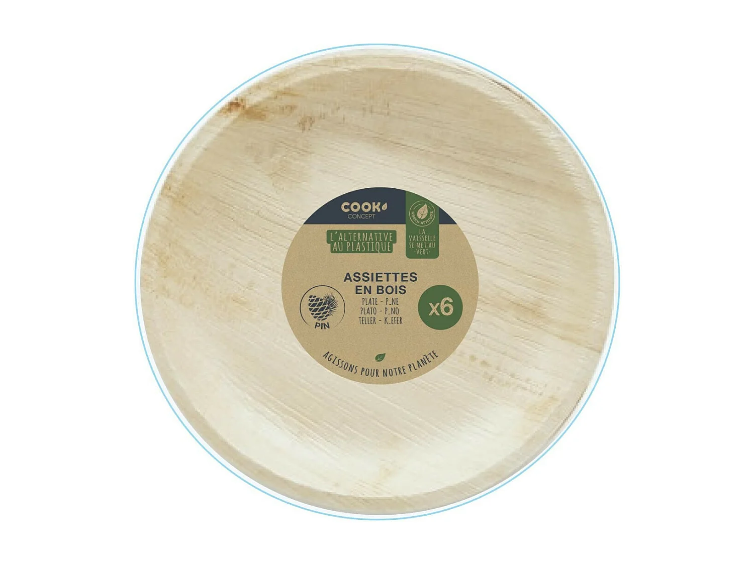 Lot de 6 Assiettes Rondes en Pin "Ecolo" 25cm Naturel