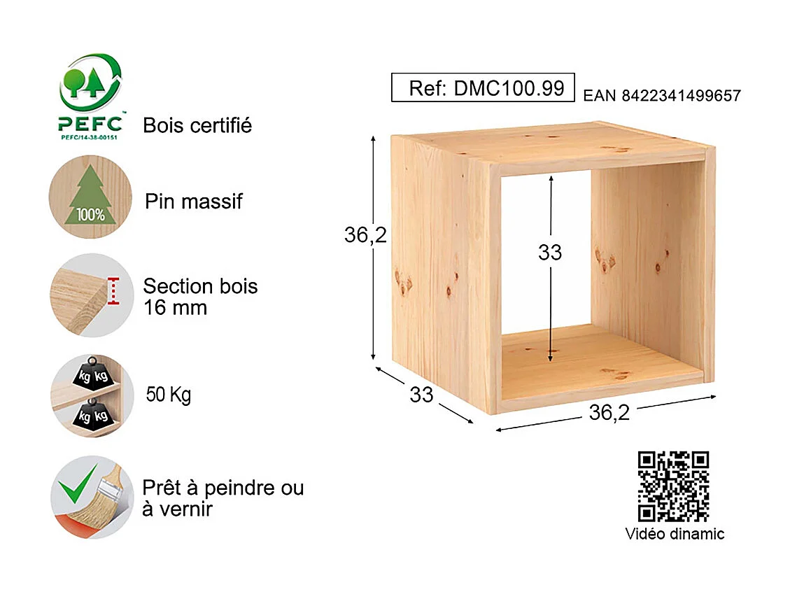 Cube de rangement en pin massif Dinamic Lot de 2