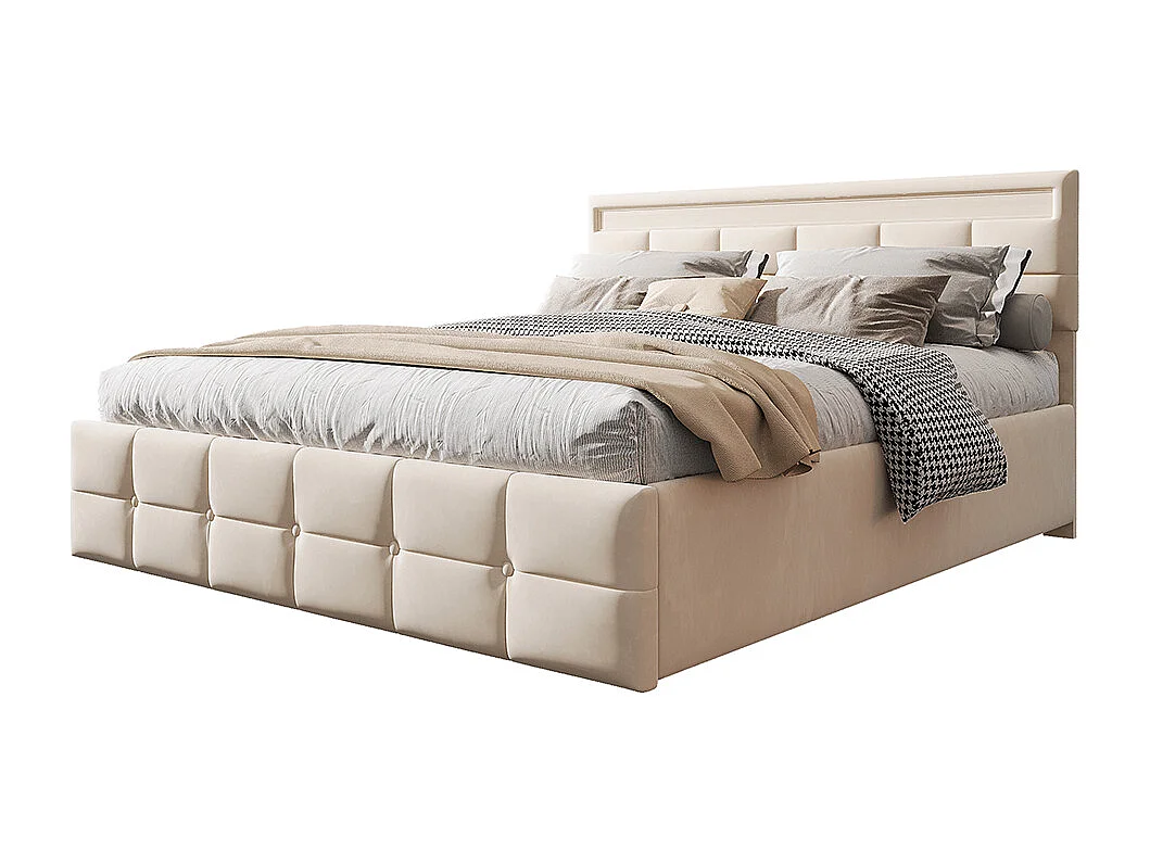 Lit rembourré 180*200 cm, éclairage LED, sommier à lattes, tissu velours, beige