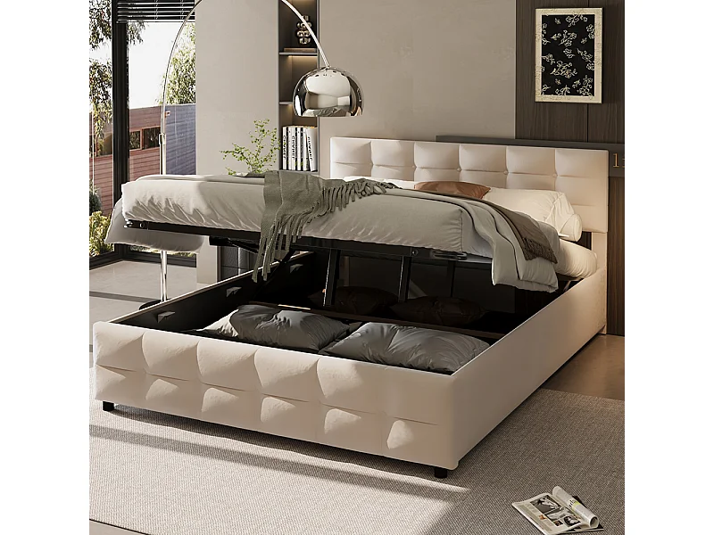 Gestoffeerd bed 180*200 cm, lattenbodem, hydraulisch eenpersoonsbed, Nederlandse veloursstof, beige