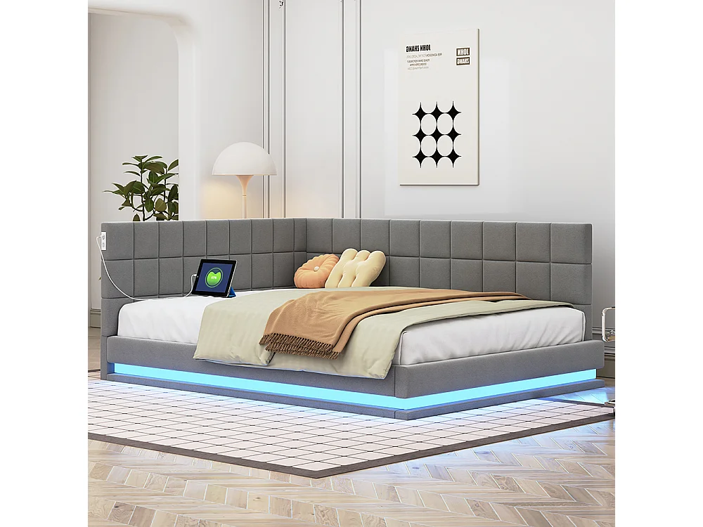 Gestoffeerd bed, slaapbank 140*200, met LED-hoofdband, USB-aansluiting, huidvriendelijke veloursstof, grijs