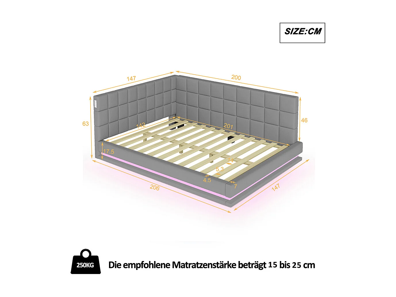 Gestoffeerd bed, slaapbank 140*200, met LED-hoofdband, USB-aansluiting, huidvriendelijke veloursstof, grijs