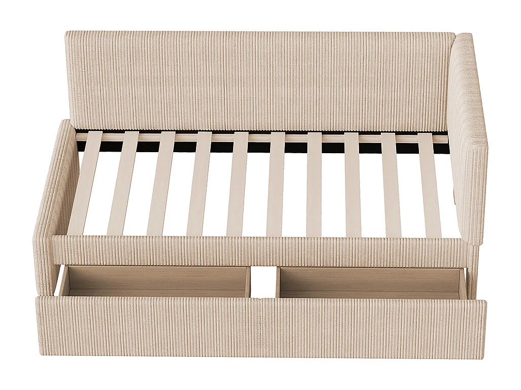 Lit rembourré, canapé-lit 90*200 cm, avec 2 grands tiroirs de rangement, tissu velours doux pour la peau, beige