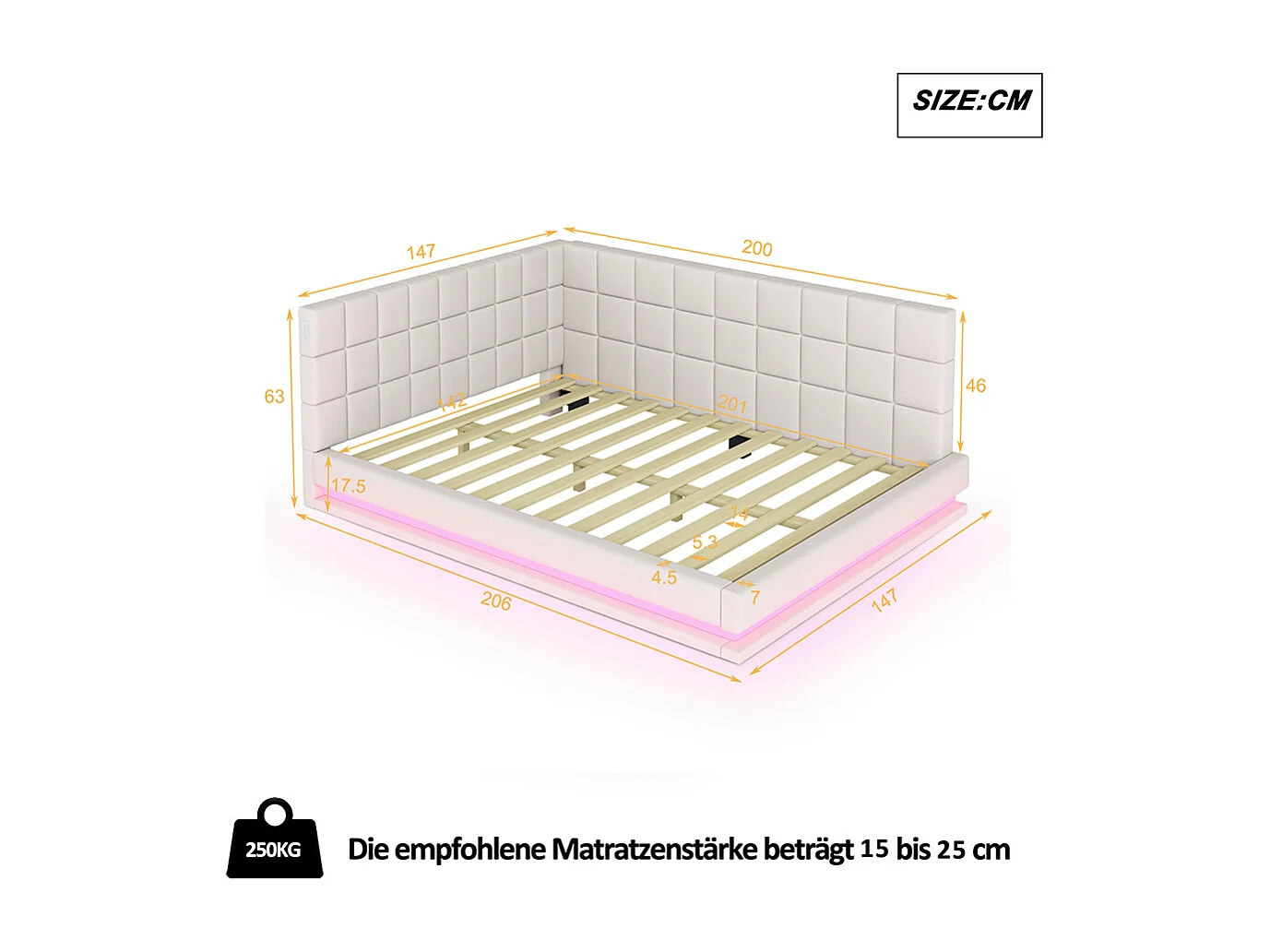 Gestoffeerd bed, slaapbank 140*200 met LED-hoofdband, beige USB-aansluiting