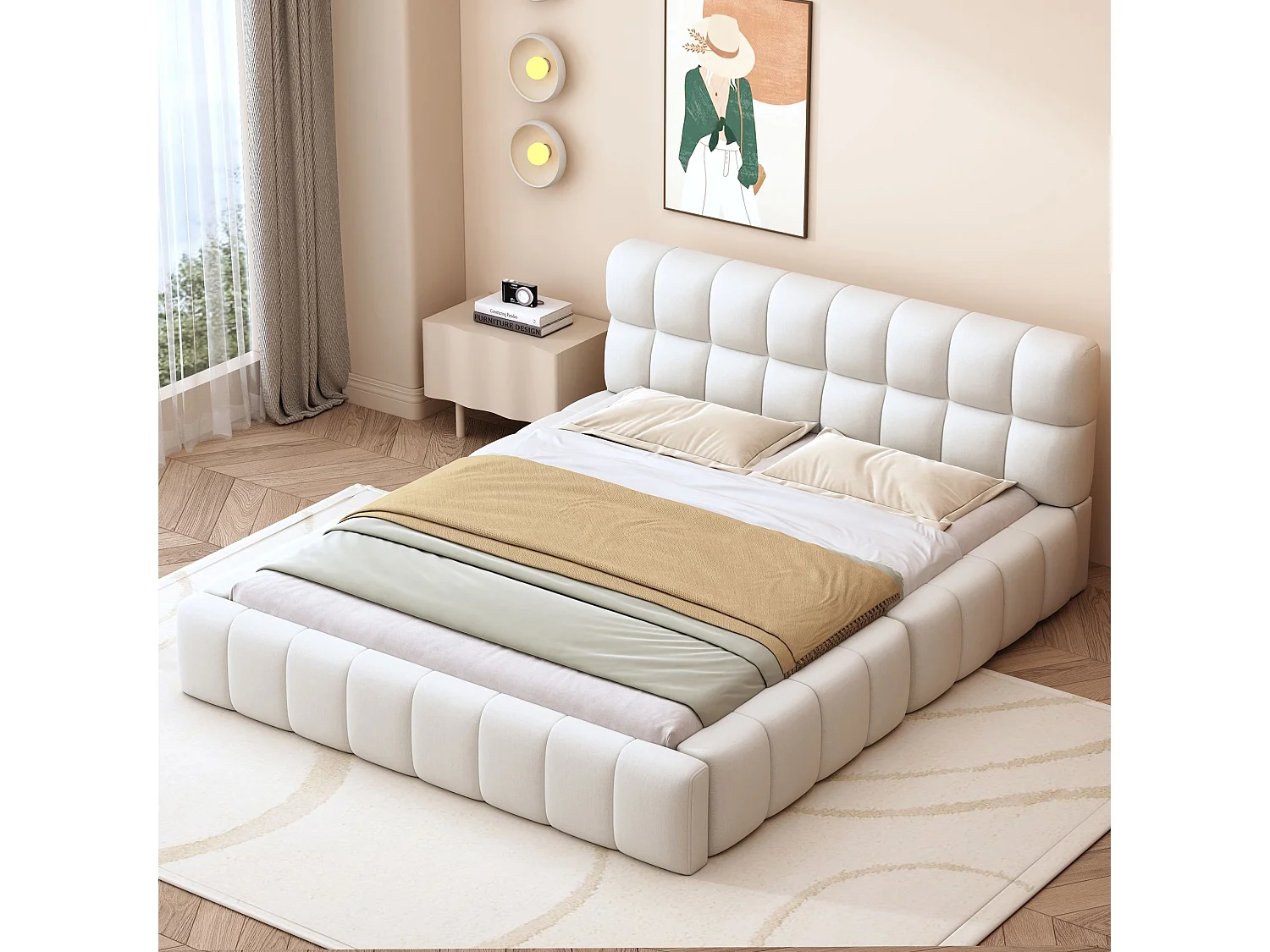 Lit double capitonné 140 x 200 cm, avec dossier moelleux, entourage capitonné, lin beige (sans matelas)