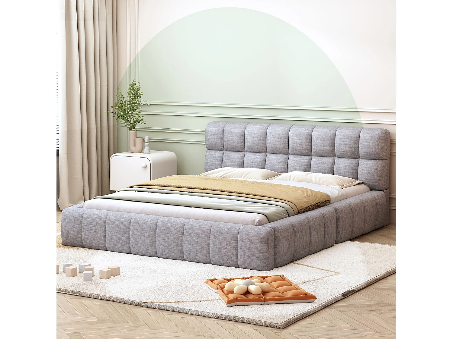 Lit double capitonné 140 x 200 cm, avec dossier souple, cadre de lit capitonné, gris lin (matelas non inclus)