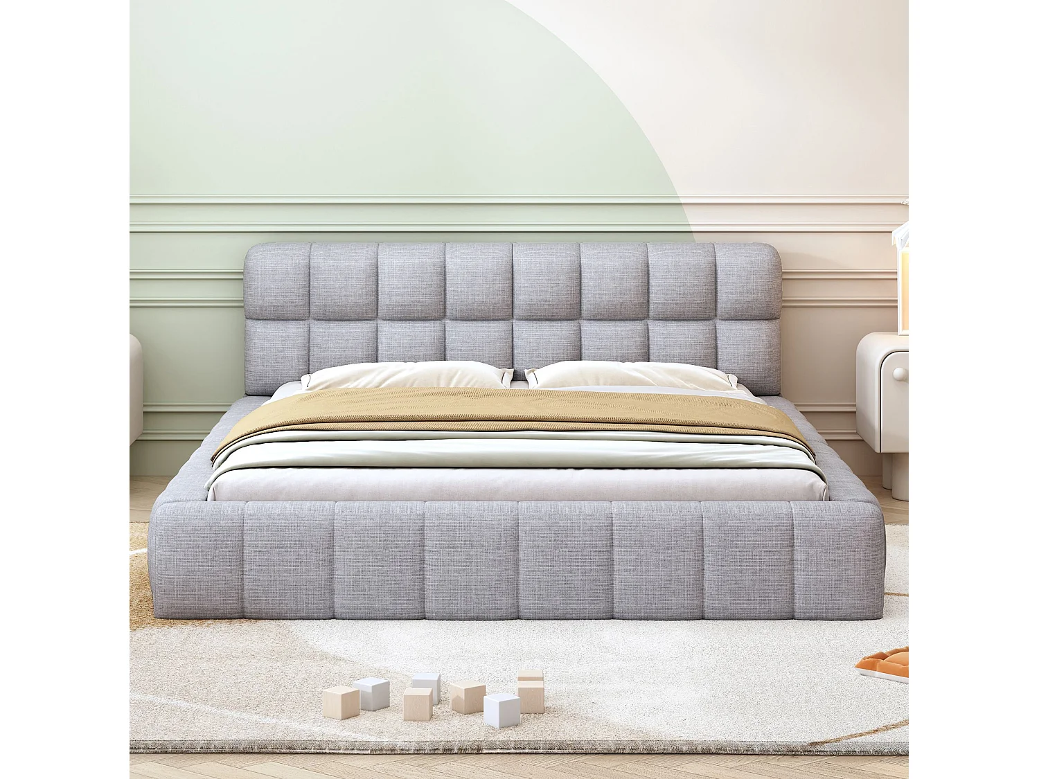 Lit double capitonné 140 x 200 cm, avec dossier souple, cadre de lit capitonné, gris lin (matelas non inclus)