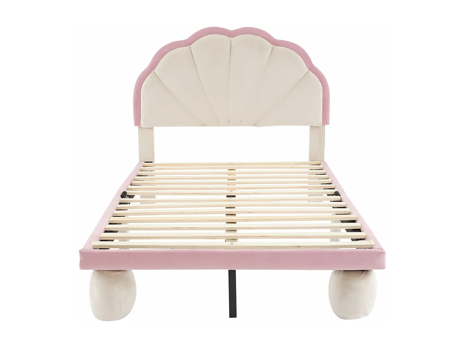 Letto imbottito per bambini con strisce LED multicolori alternate, testata con bordo smerlato, beige + rosa, 90x200 cm