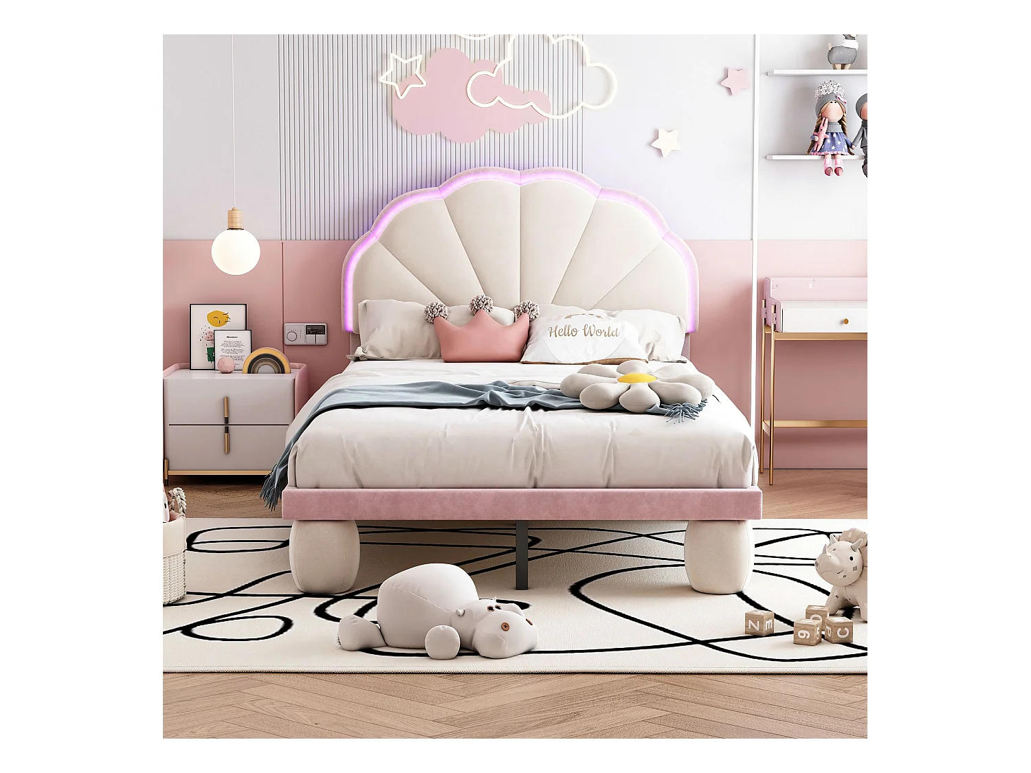 Gestoffeerd kinderbed met afwisselend veelkleurige LED-strips, hoofdbord met schulprand, beige + roze, 90x200 cm