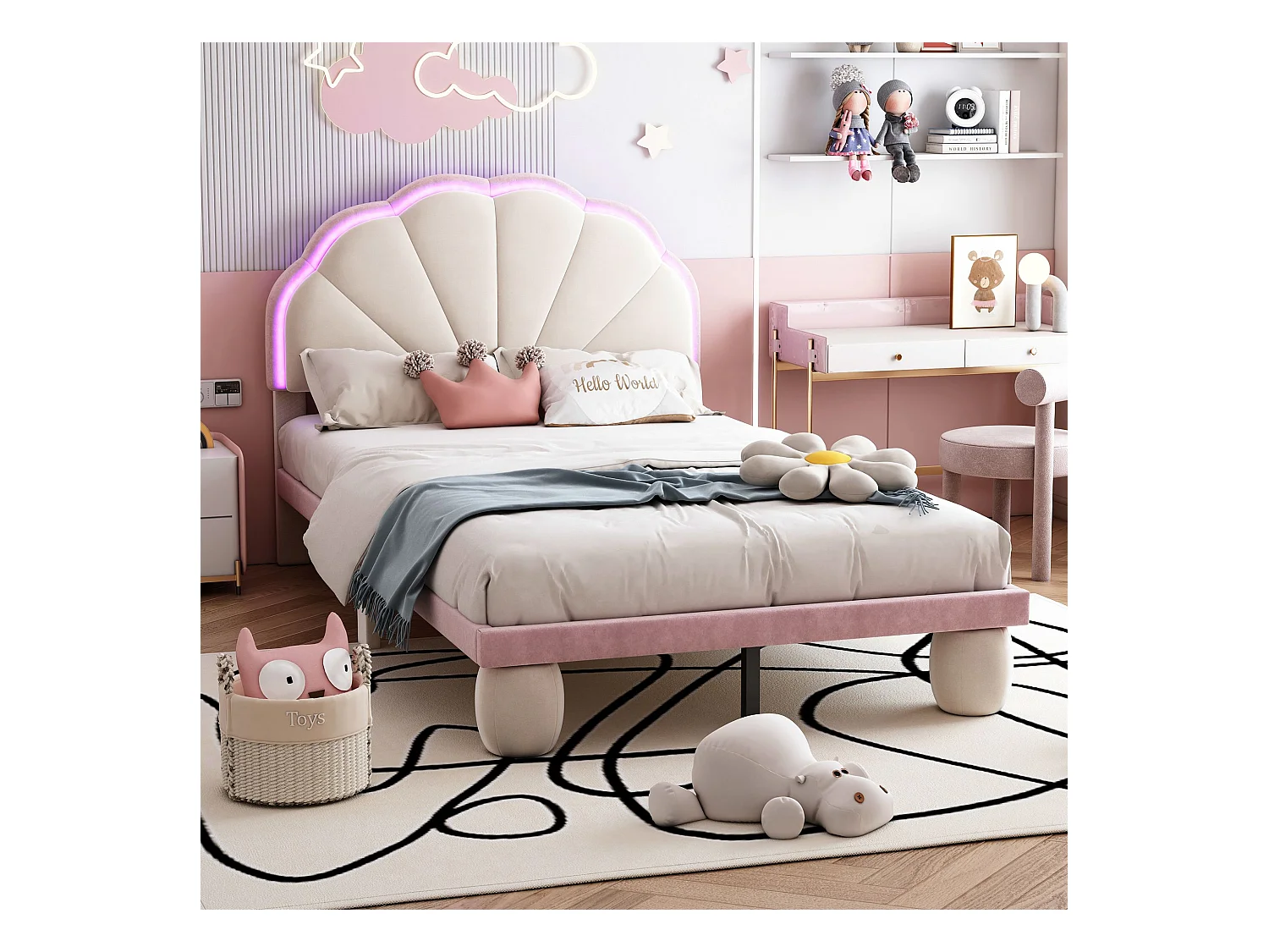 Gestoffeerd kinderbed met afwisselend veelkleurige LED-strips, hoofdbord met schulprand, beige + roze, 90x200 cm