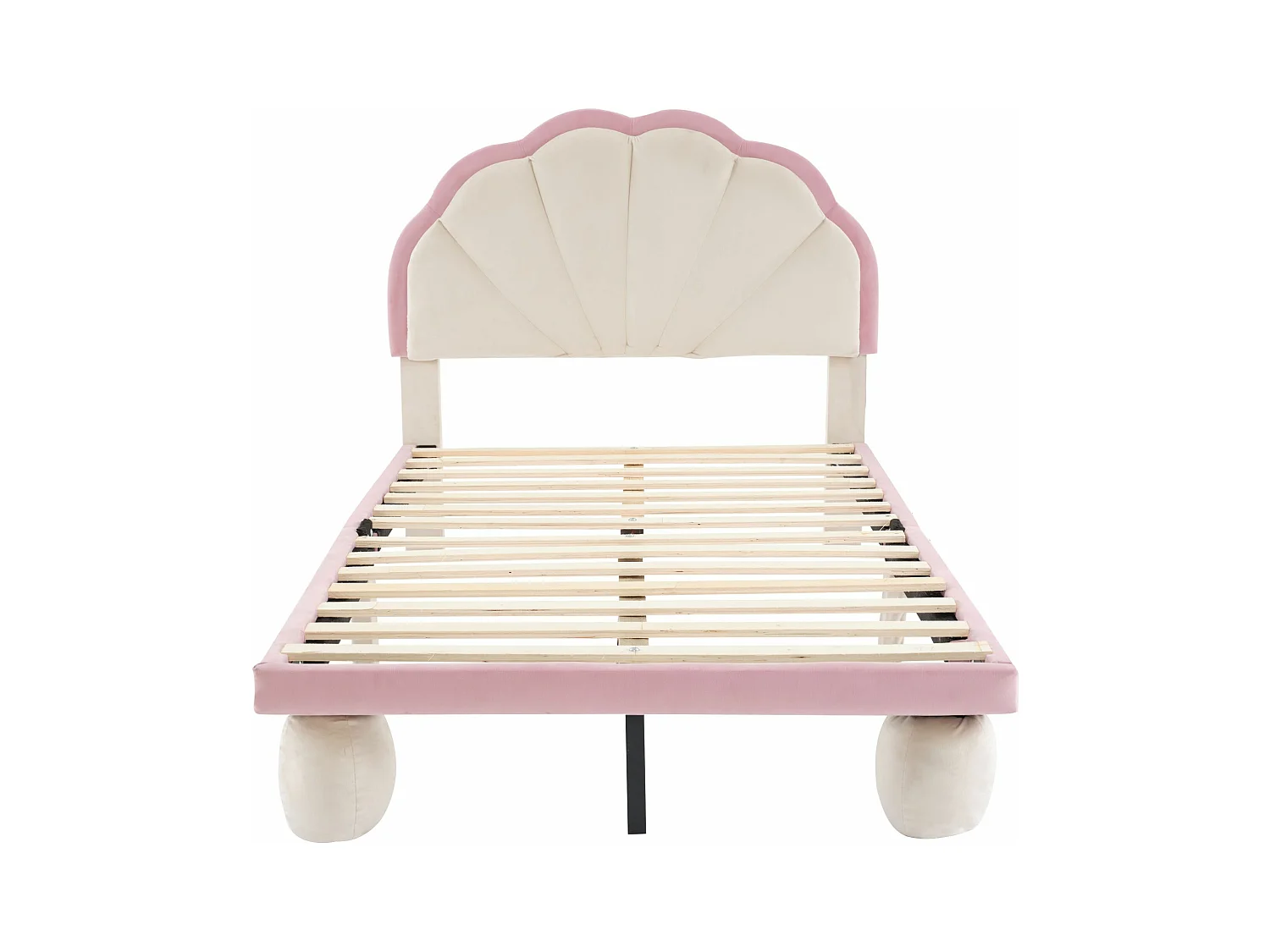 Gestoffeerd kinderbed met afwisselend veelkleurige LED-strips, hoofdbord met schulprand, beige + roze, 90x200 cm