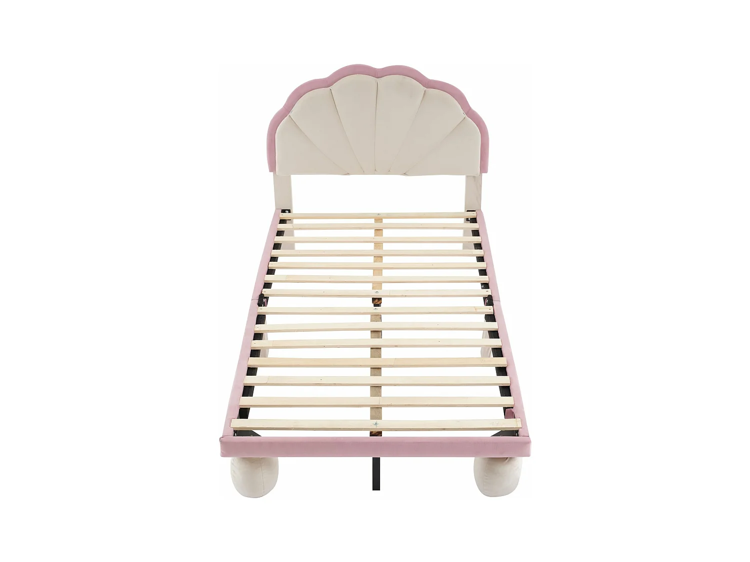 Gestoffeerd kinderbed met afwisselend veelkleurige LED-strips, hoofdbord met schulprand, beige + roze, 90x200 cm