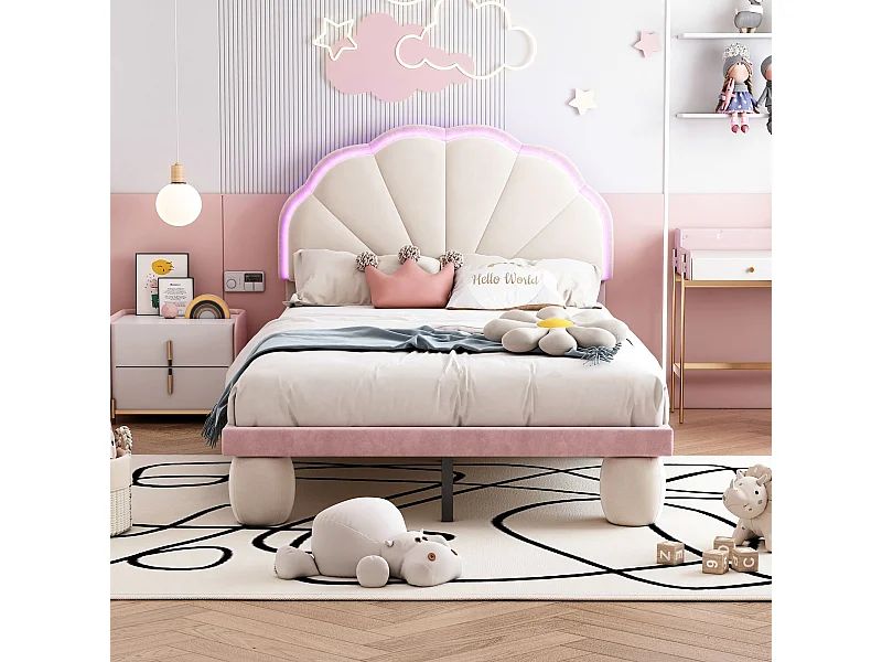 Gestoffeerd kinderbed met afwisselend veelkleurige LED-strips, hoofdbord met schulprand, beige + roze, 90x200 cm